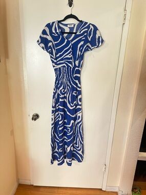 Blue & White Abstract Wrap Maxi Dress with Shirred Waist